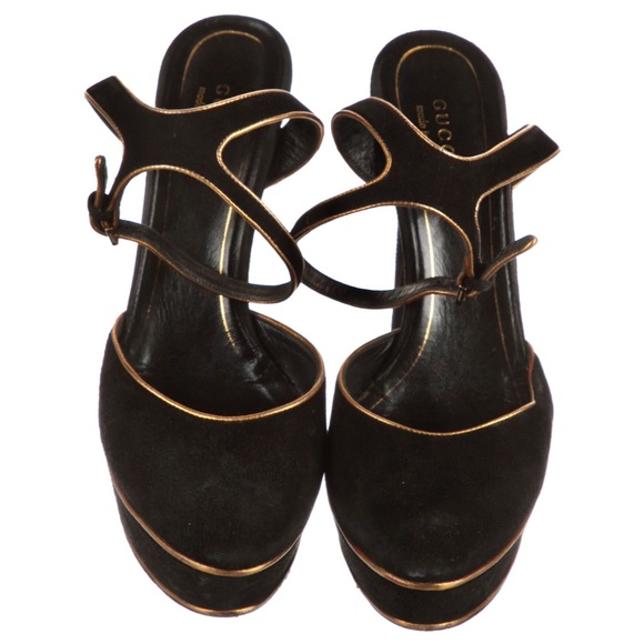 Gucci Black Suede w/ Gold Piping Huston Ankle Strap Platform Pumps - Picture 7 of 10